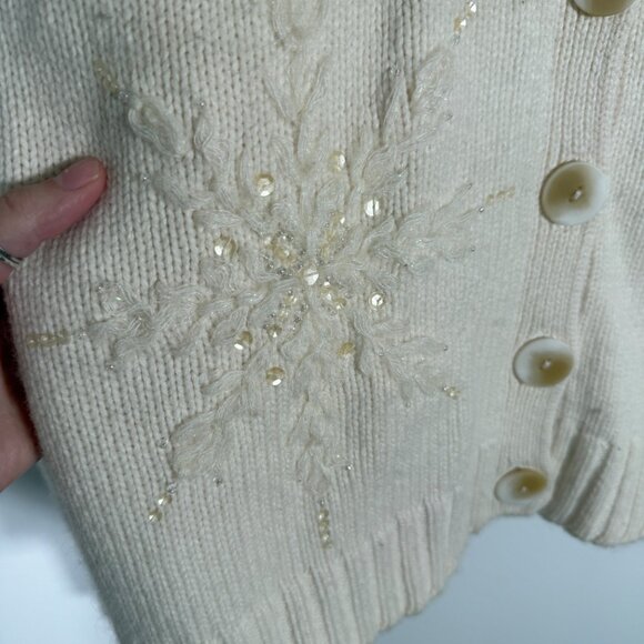 Vintage Talbots Cardigan Sweater Lambswool Holiday Snowflake Sequin Winter L - Picture 3 of 11